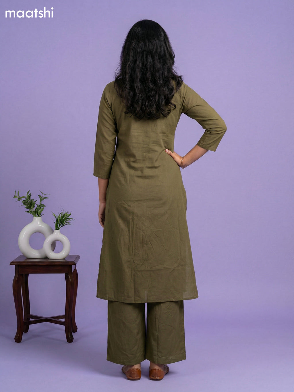 Dark Sap Green Cotton Pintuck Design & Mirror Work Kurti Set
