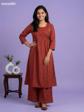 Dark Rust Cotton Pintuck Design & Mirror Work Kurti Set