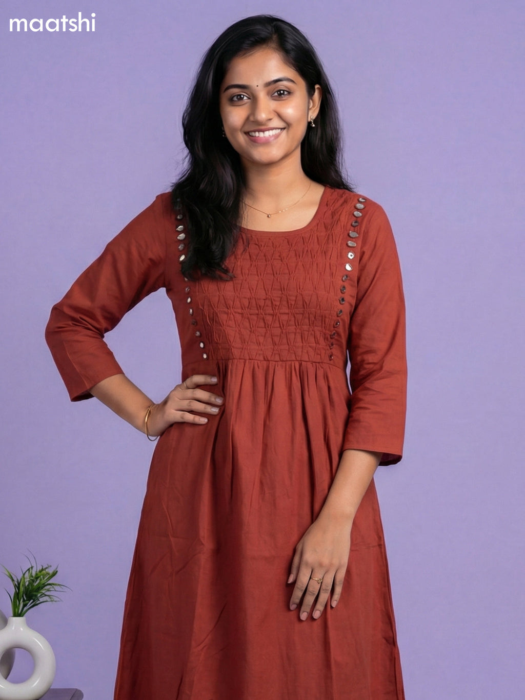 Dark Rust Cotton Pintuck Design & Mirror Work Kurti Set