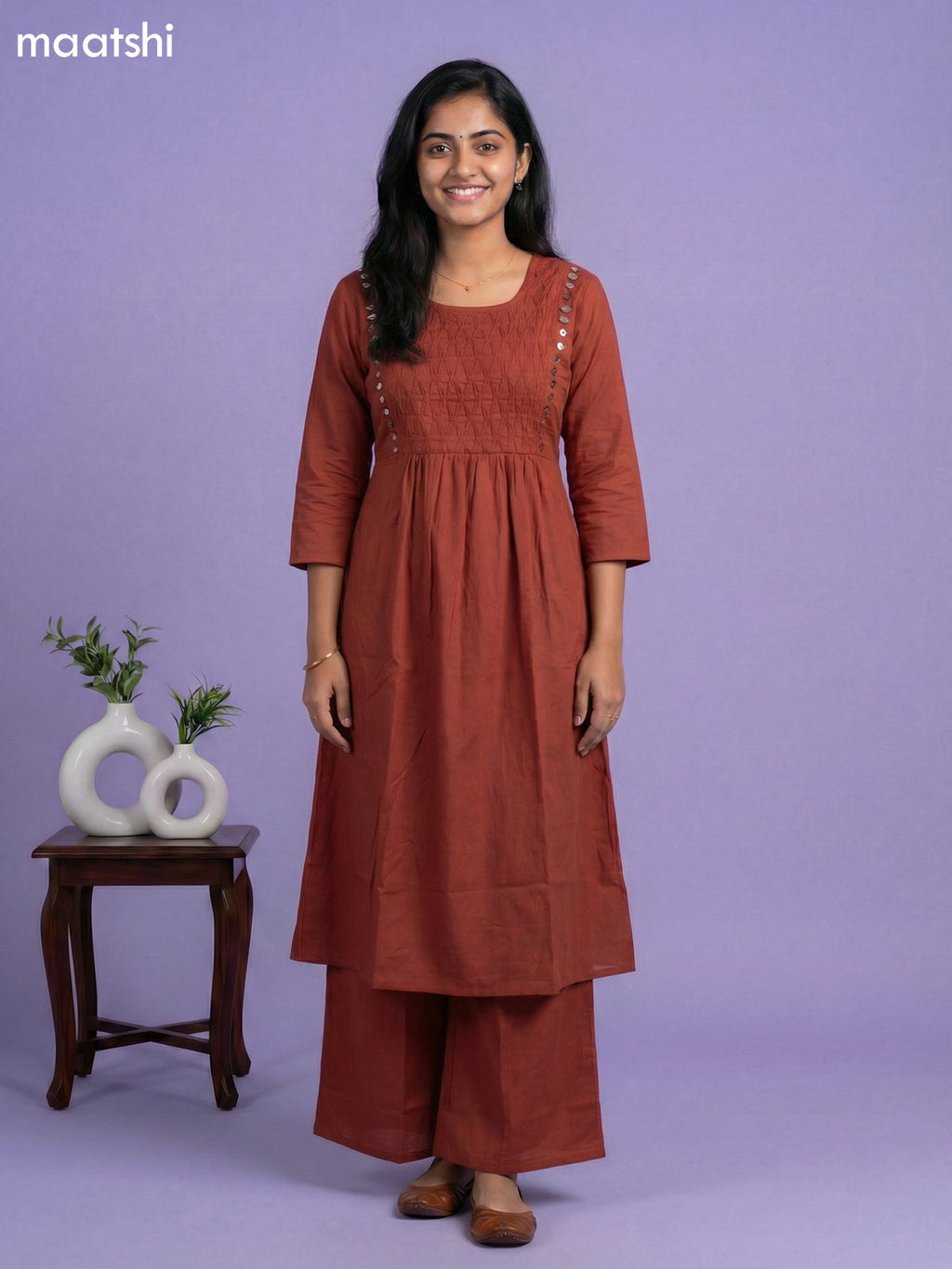 Dark Rust Cotton Pintuck Design & Mirror Work Kurti Set