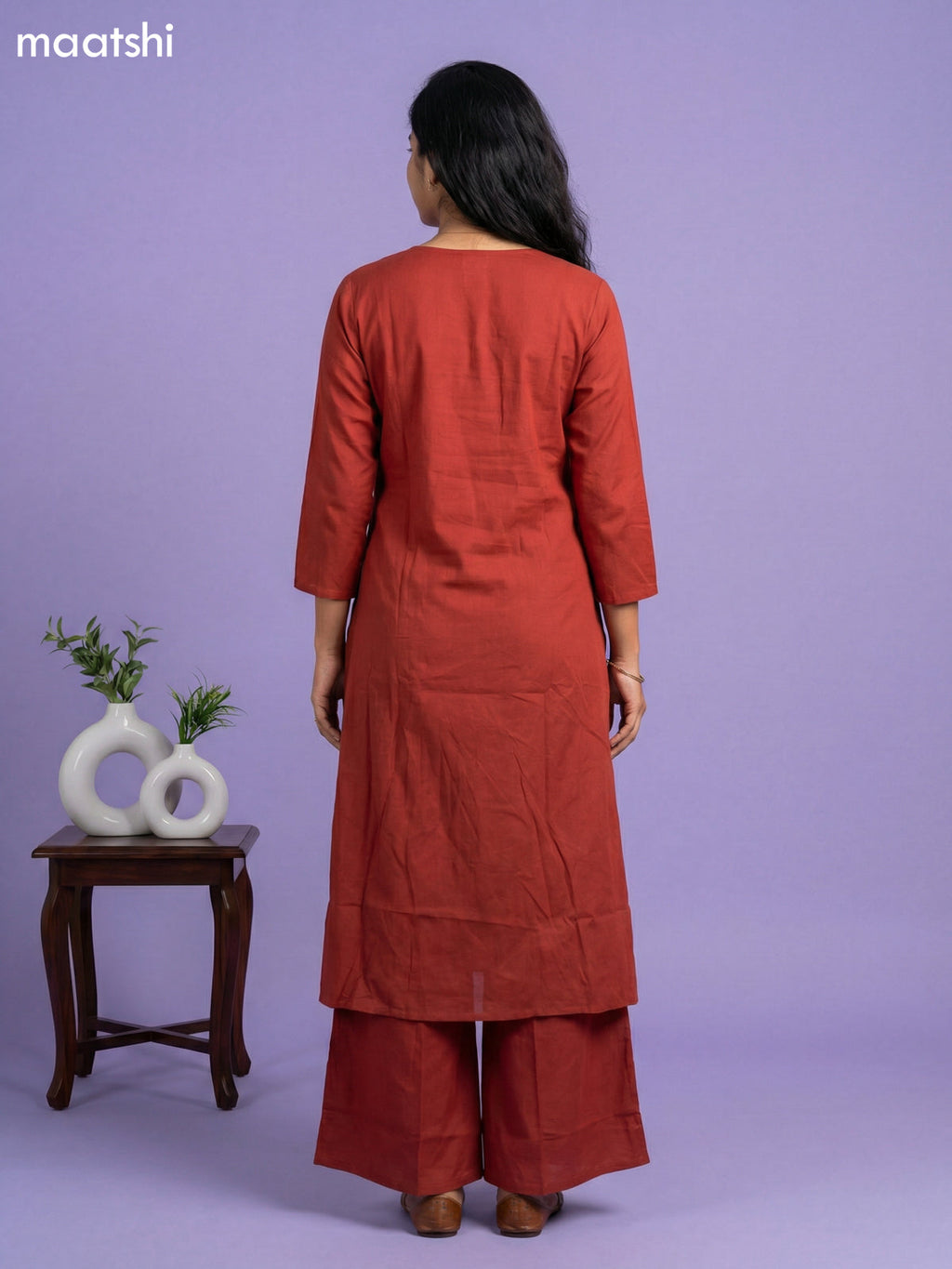 Dark Rust Cotton Pintuck Design & Mirror Work Kurti Set