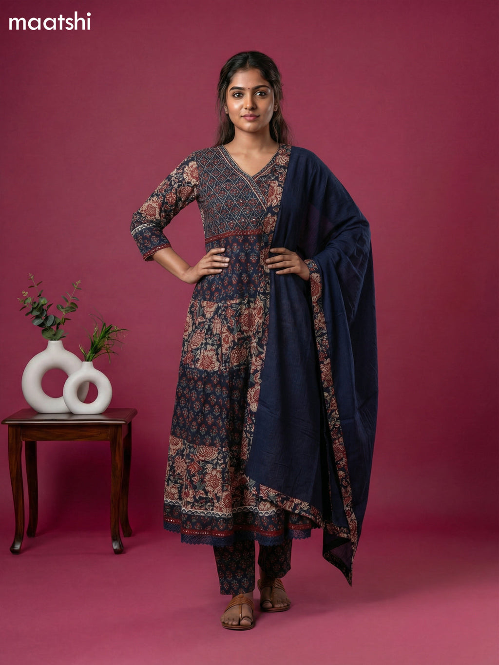 Navy Blue Cotton Kalamkari Printed & Embroidery Work Anarkali Suit