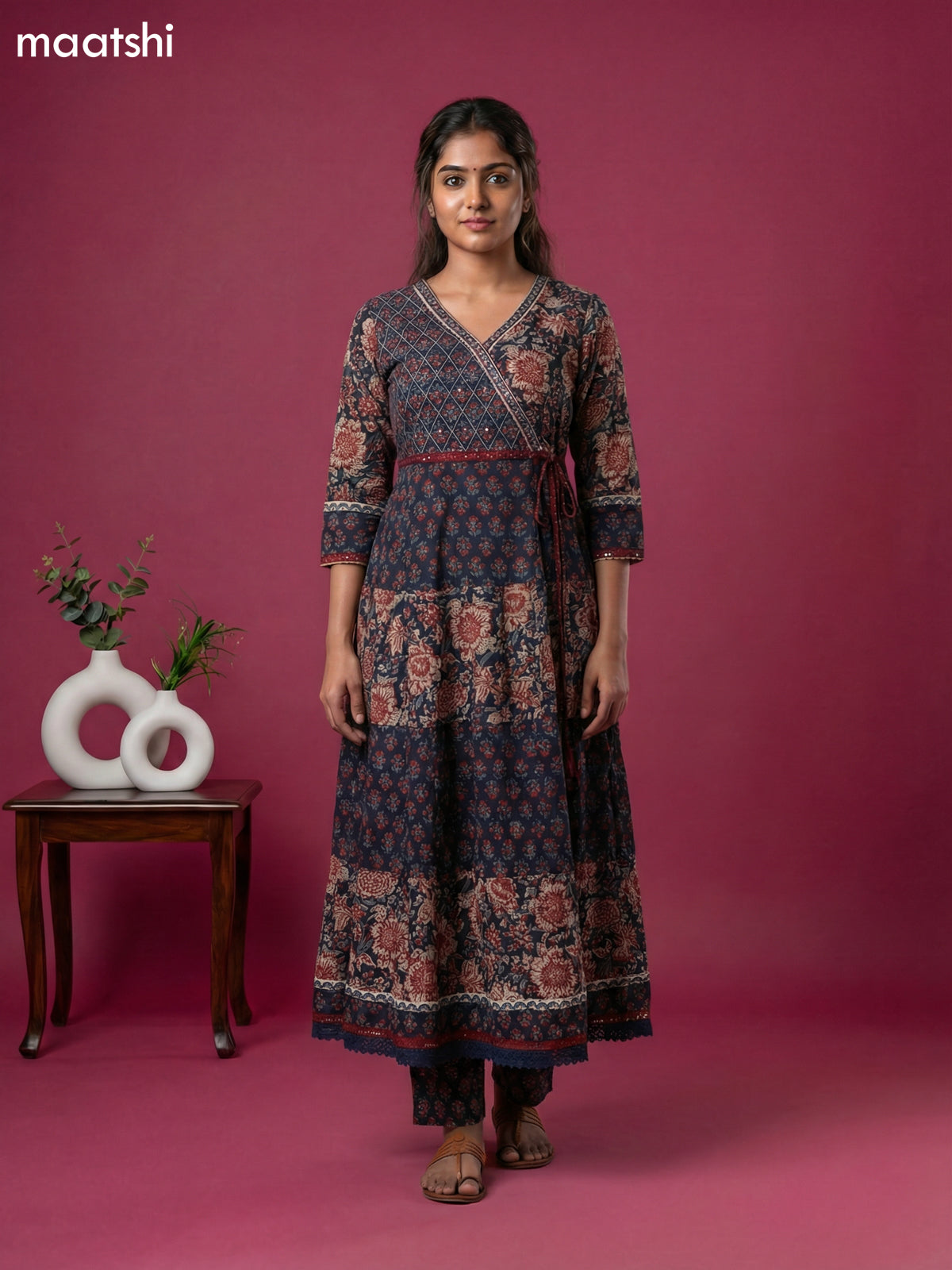 Navy Blue Cotton Kalamkari Printed & Embroidery Work Anarkali Suit