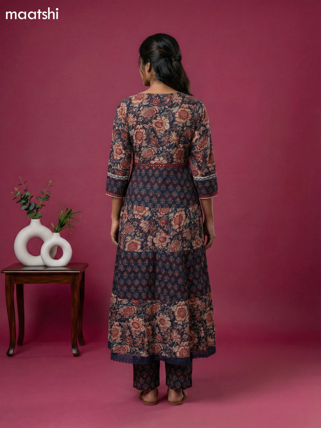 Navy Blue Cotton Kalamkari Printed & Embroidery Work Anarkali Suit