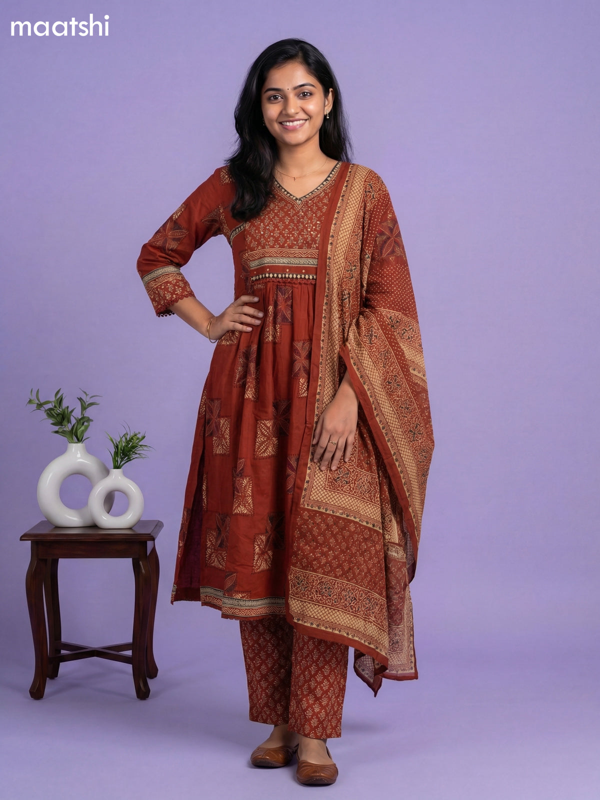 Dark Rust Cotton Simple Printed A-Line Suit