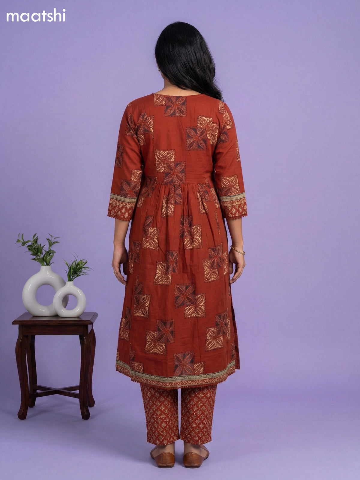 Dark Rust Cotton Simple Printed A-Line Suit