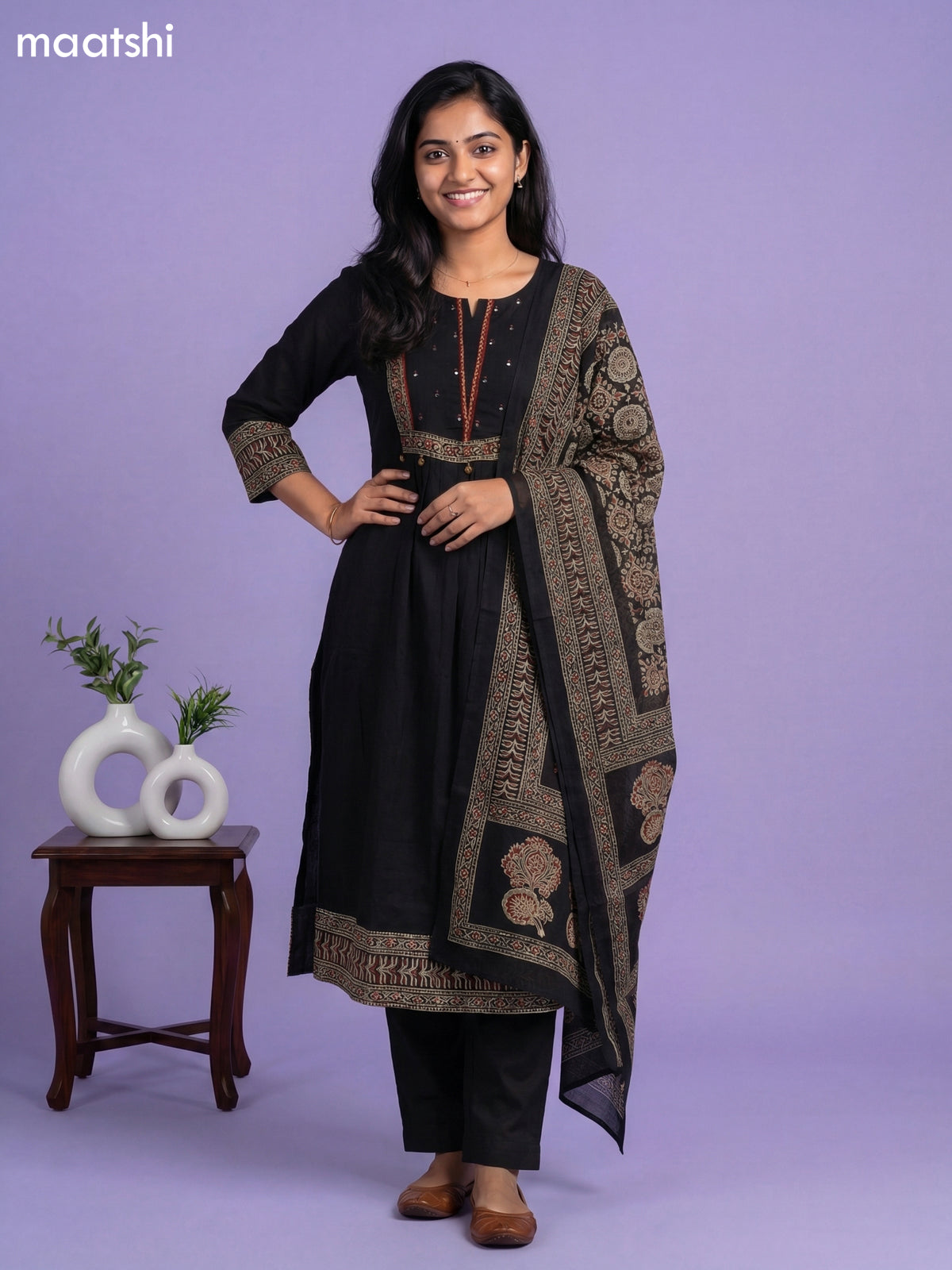 Black Cotton Simple Embroidery Work A-Line Suit