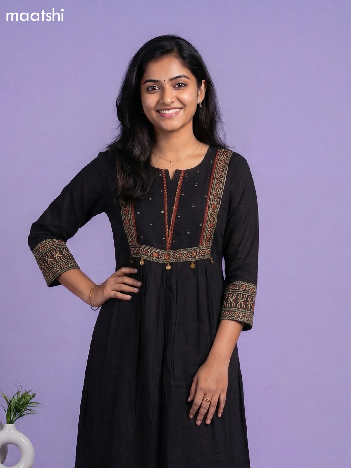 Black Cotton Simple Embroidery Work A-Line Suit