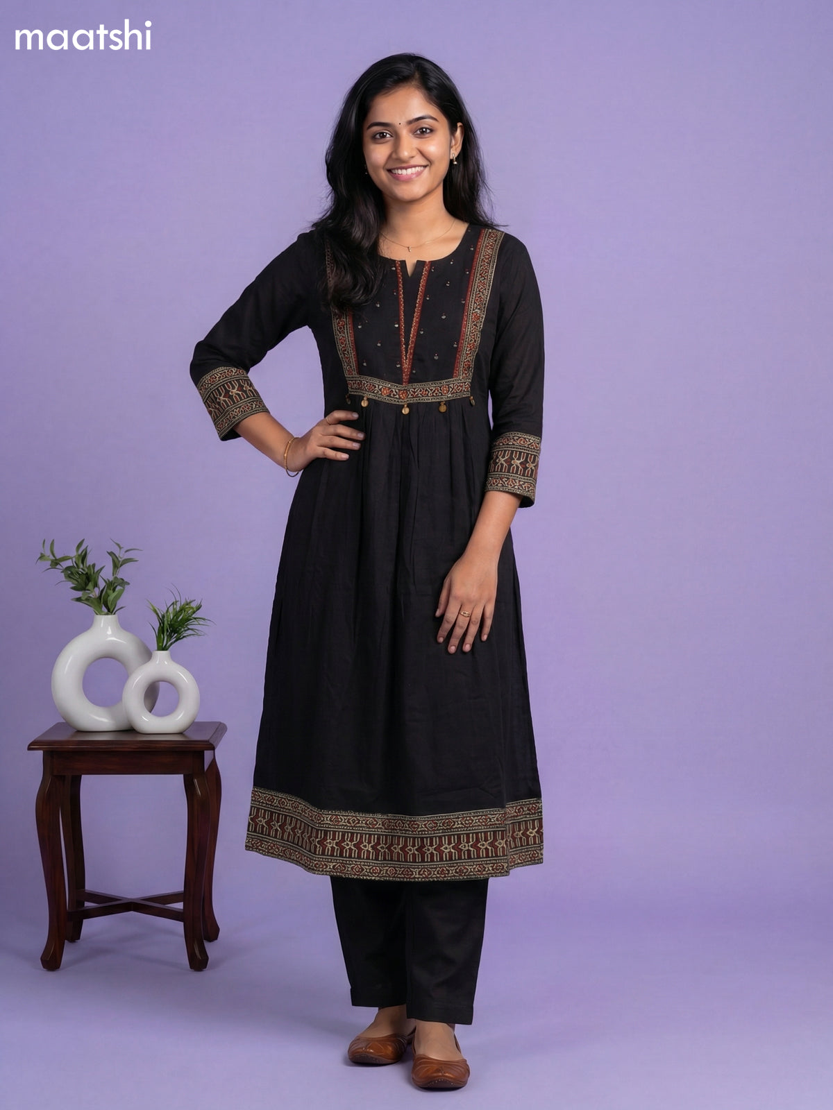 Black Cotton Simple Embroidery Work A-Line Suit