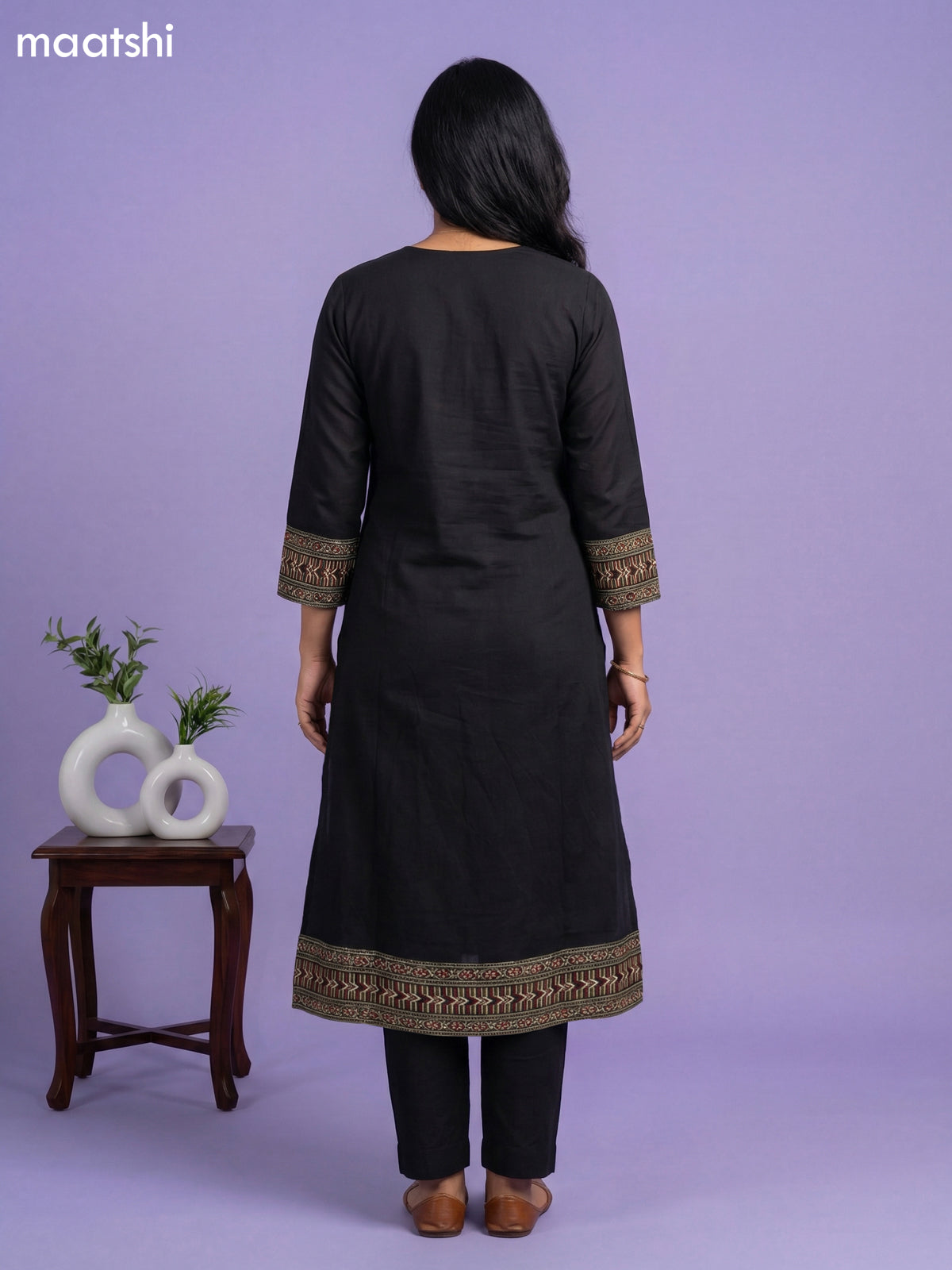 Black Cotton Simple Embroidery Work A-Line Suit