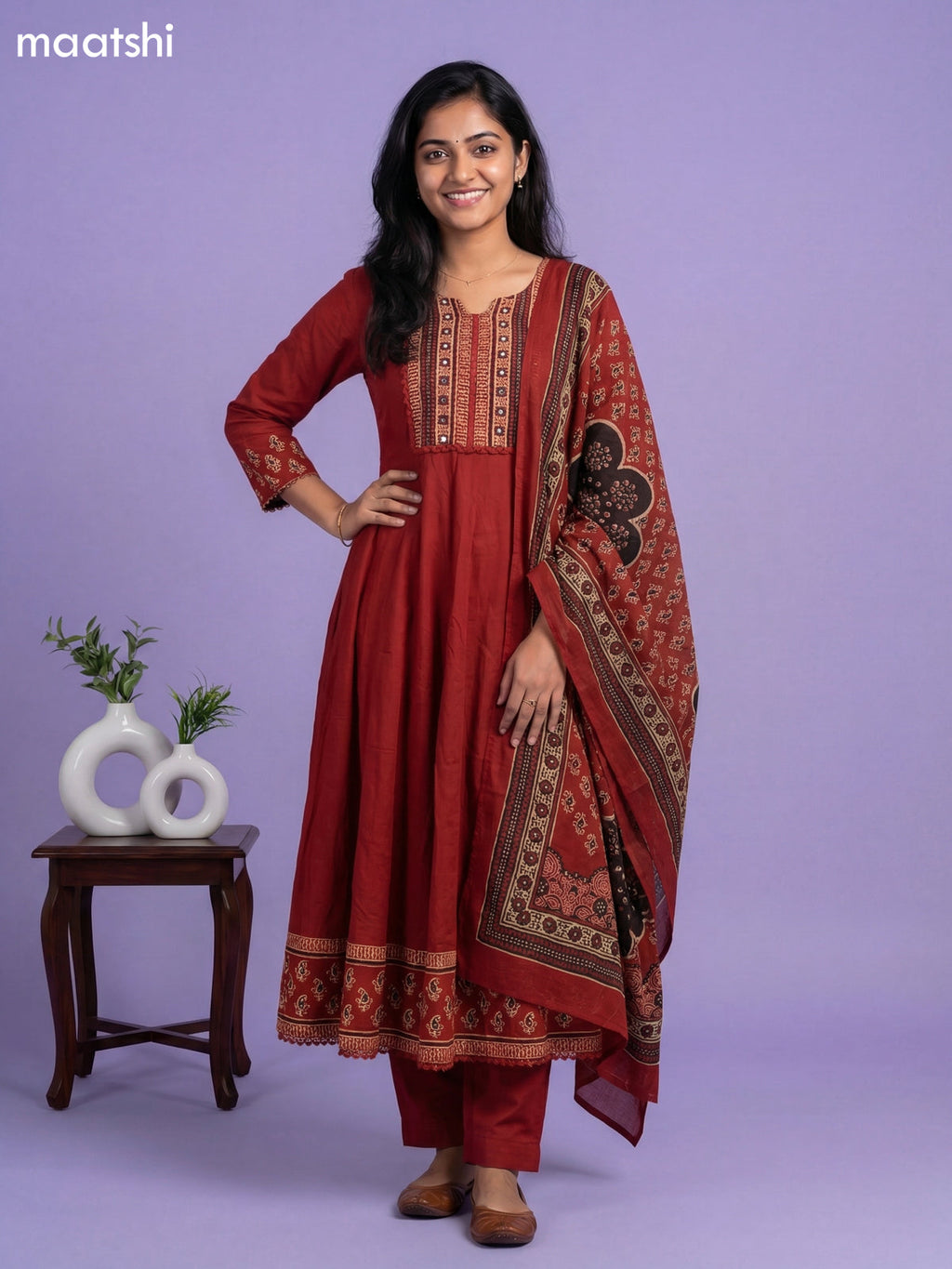 Dark Rust Cotton Simple Embroidery Work Anarkali Suit