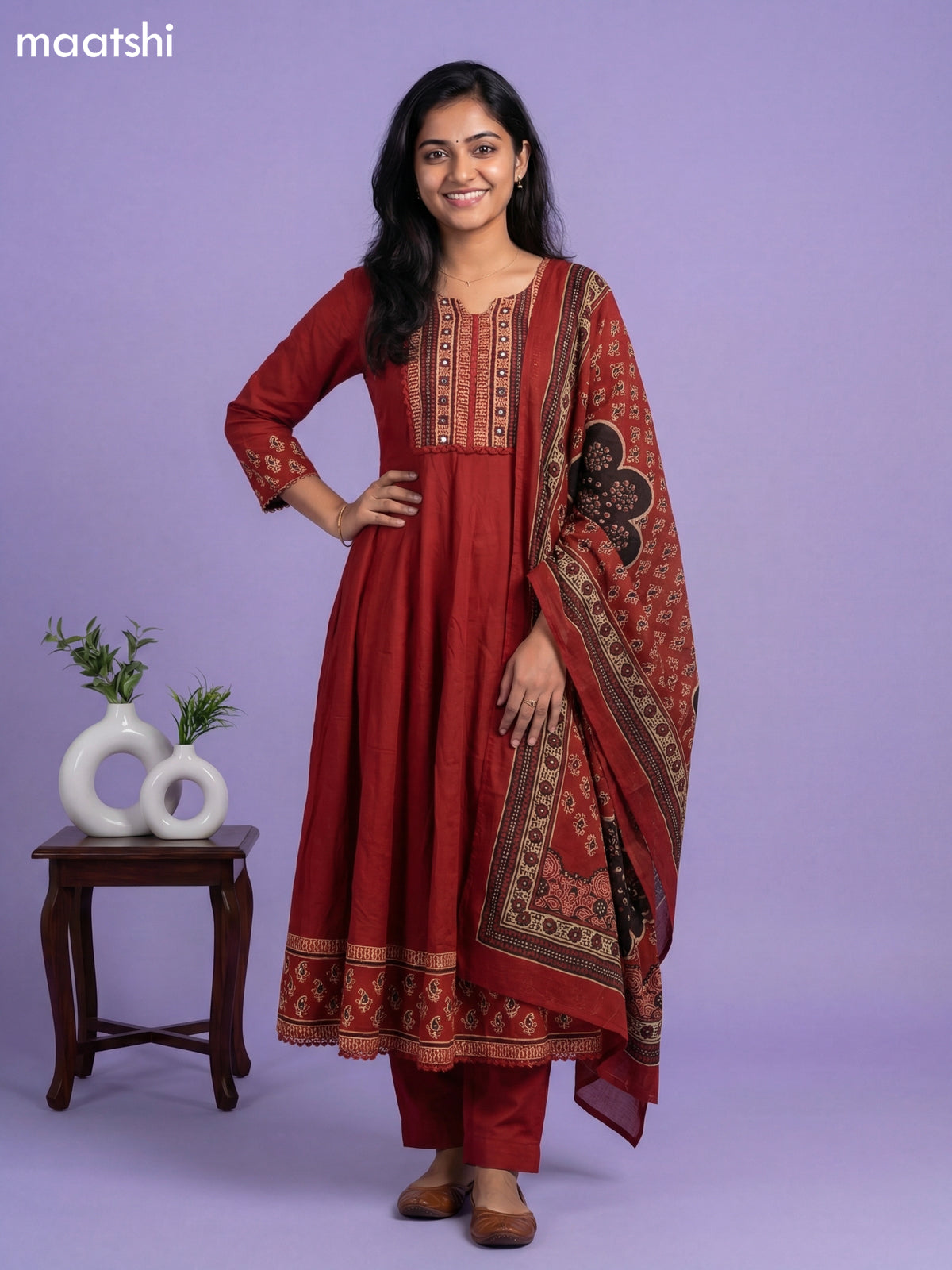 Dark Rust Cotton Simple Embroidery Work Anarkali Suit
