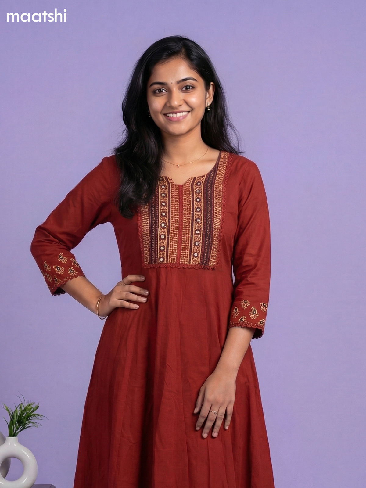 Dark Rust Cotton Simple Embroidery Work Anarkali Suit