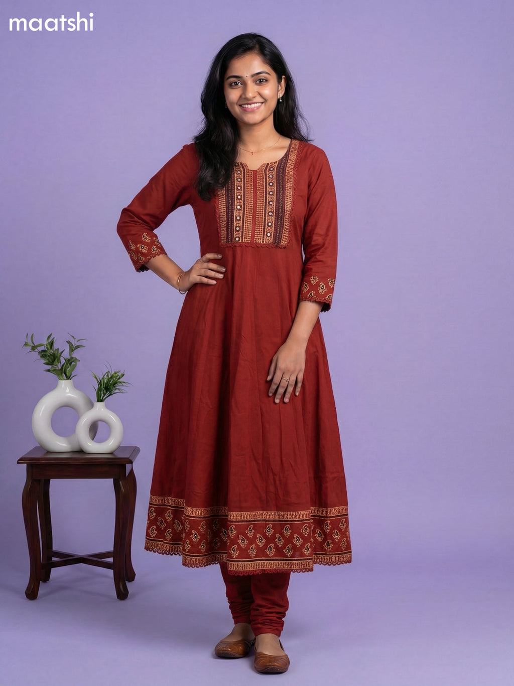 Dark Rust Cotton Simple Embroidery Work Anarkali Suit