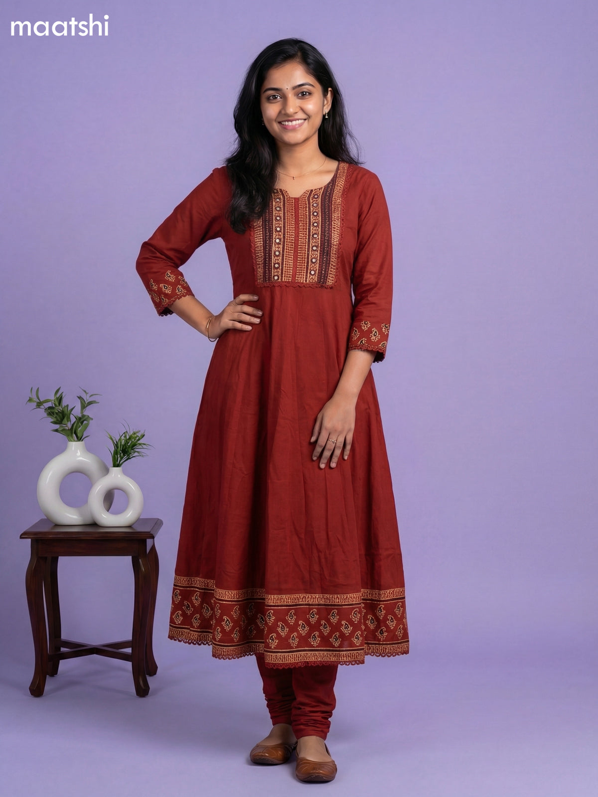 Dark Rust Cotton Simple Embroidery Work Anarkali Suit