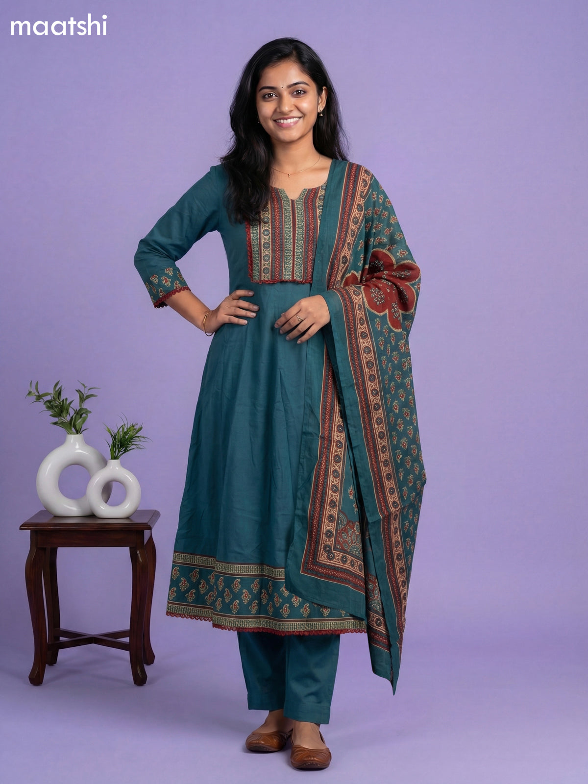 Teal Green Cotton Simple Embroidery Work Anarkali Suit