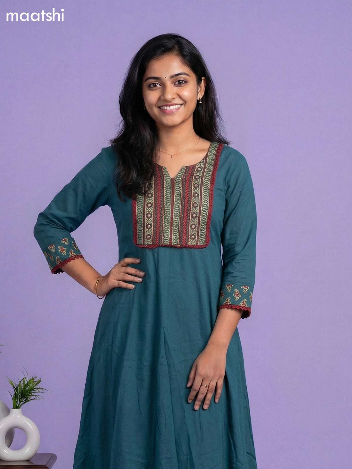 Teal Green Cotton Simple Embroidery Work Anarkali Suit