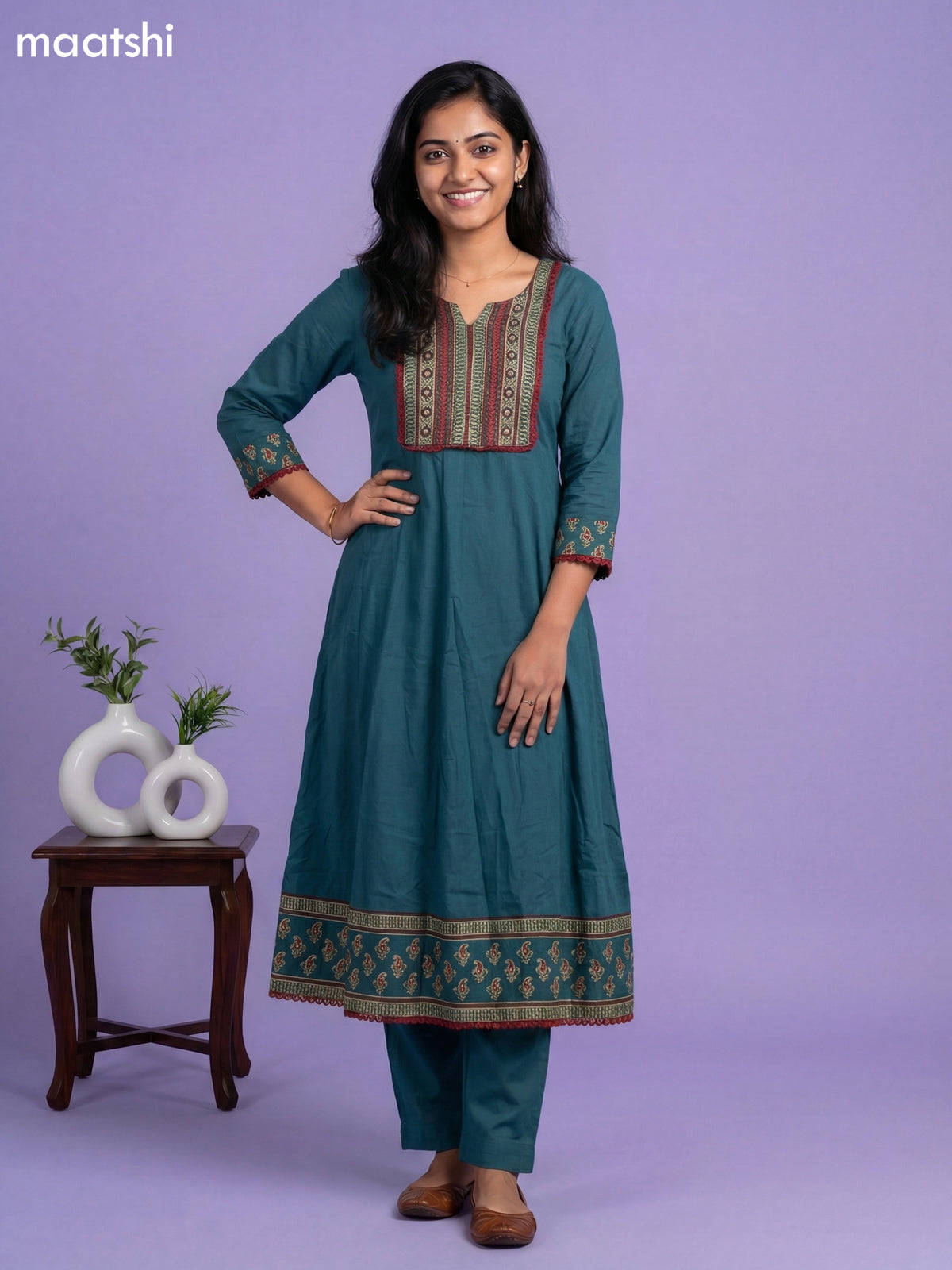 Teal Green Cotton Simple Embroidery Work Anarkali Suit
