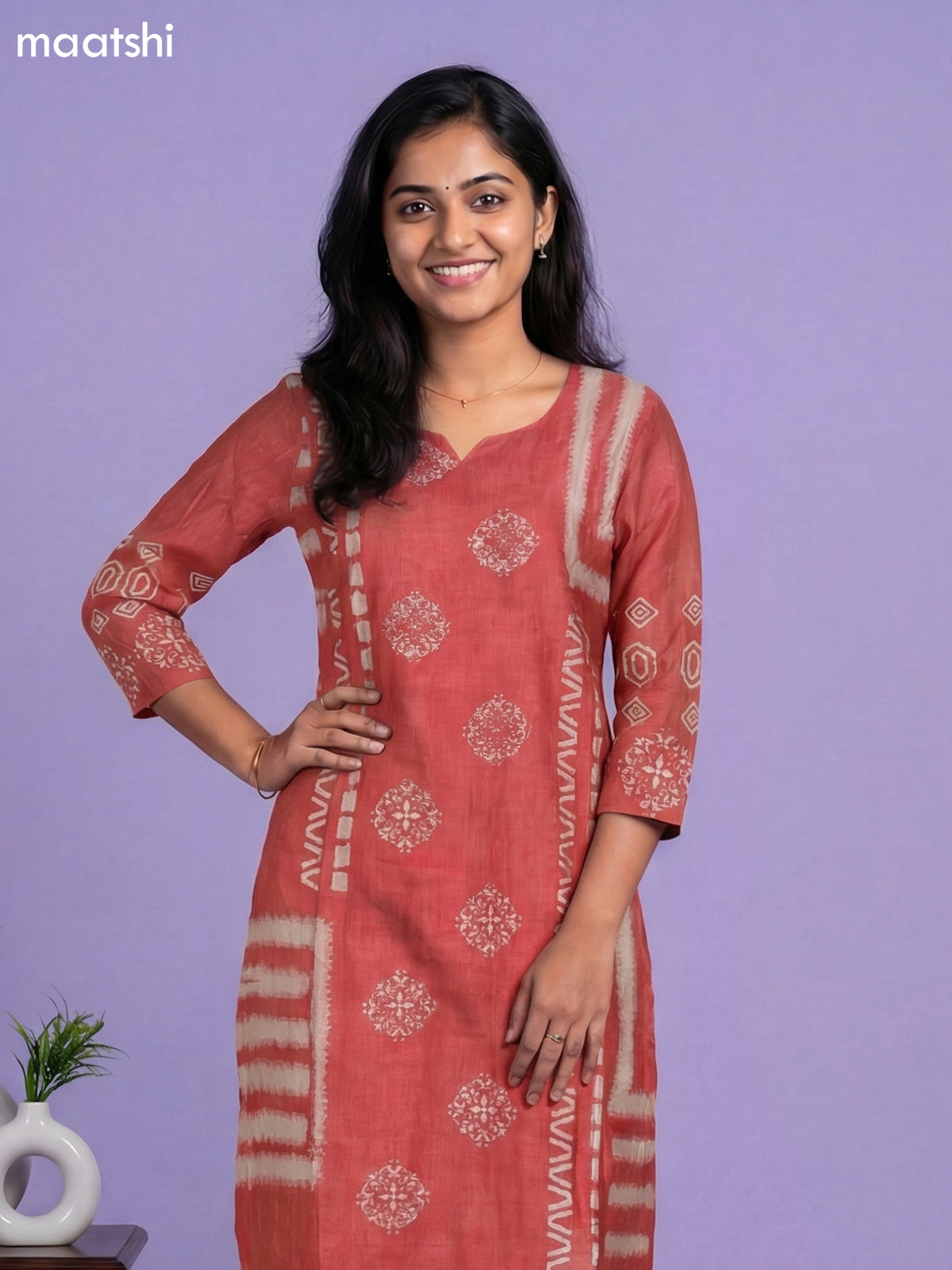 Peach Pink Semi Tussar Printed & Embroidery Work Straight Suit