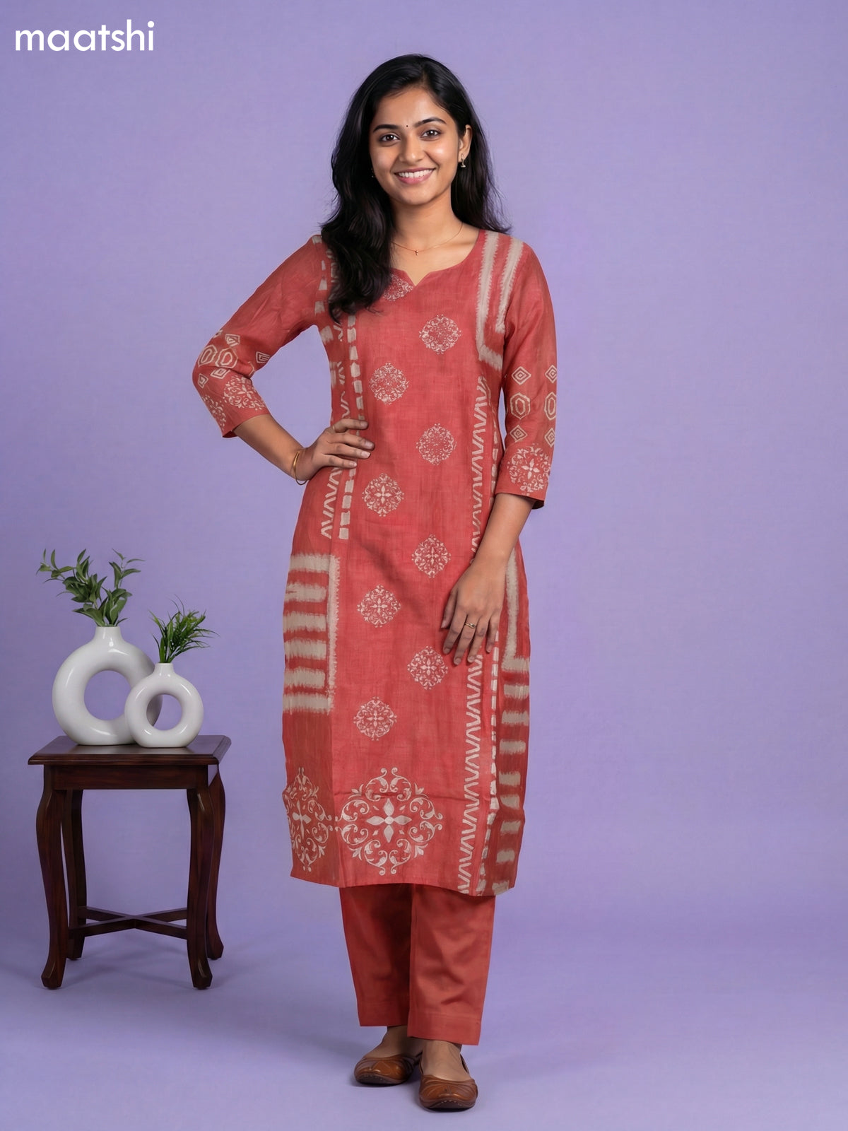 Peach Pink Semi Tussar Printed & Embroidery Work Straight Suit
