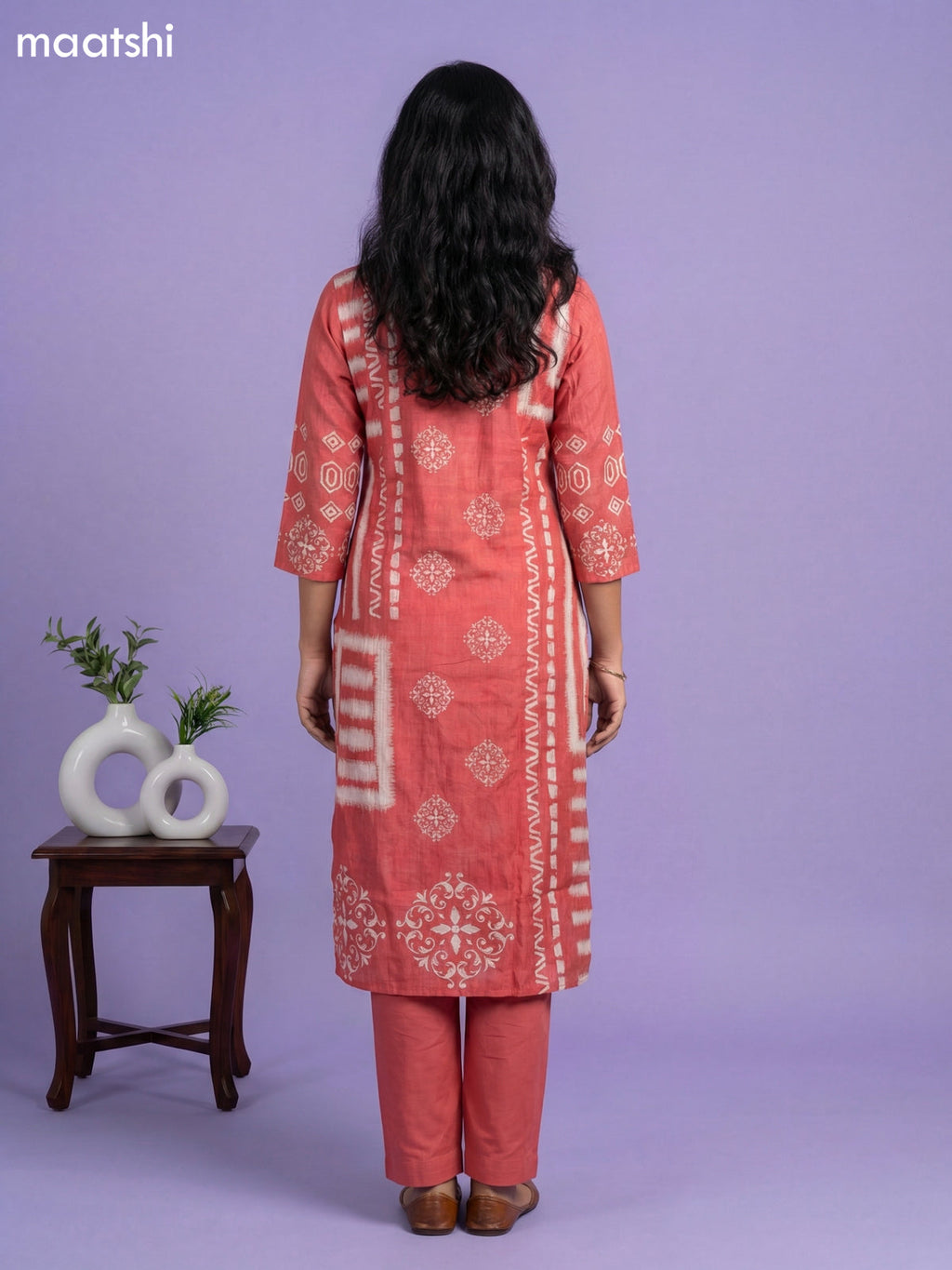 Peach Pink Semi Tussar Printed & Embroidery Work Straight Suit