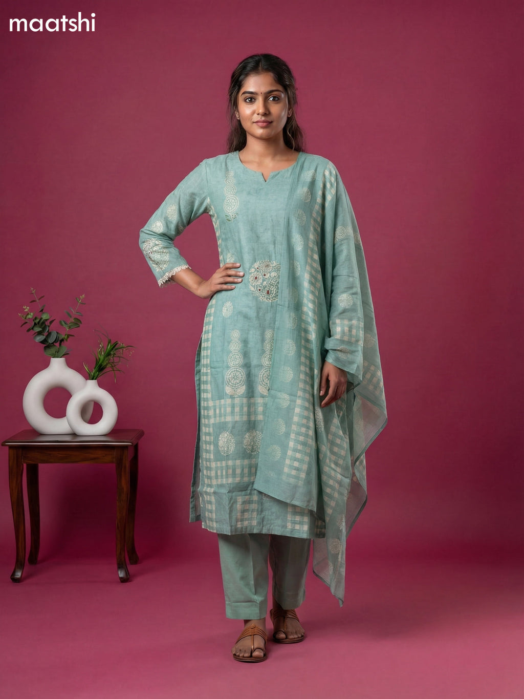 Teal Shade Semi Tussar Printed & Embroidery Work Straight Suit