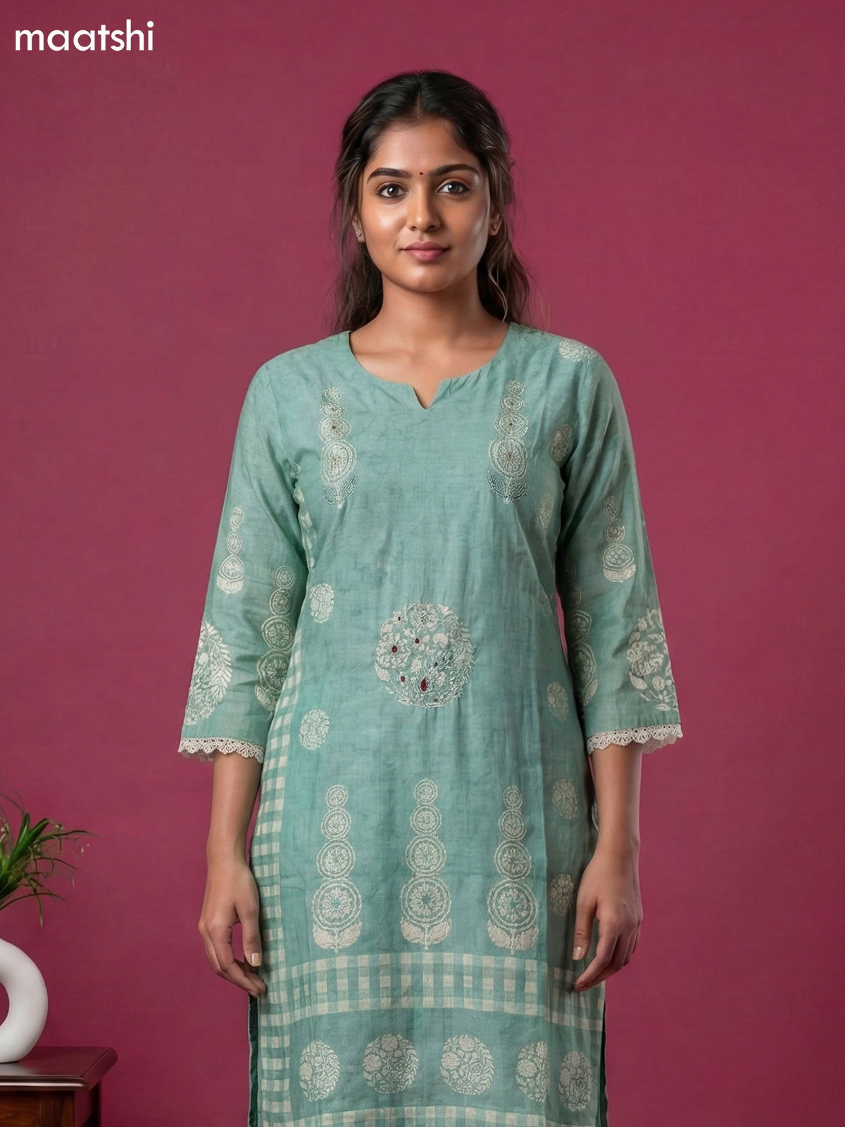 Teal Shade Semi Tussar Printed & Embroidery Work Straight Suit