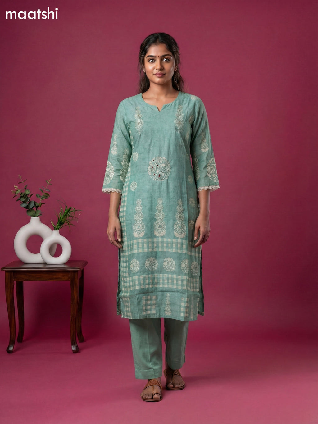 Teal Shade Semi Tussar Printed & Embroidery Work Straight Suit