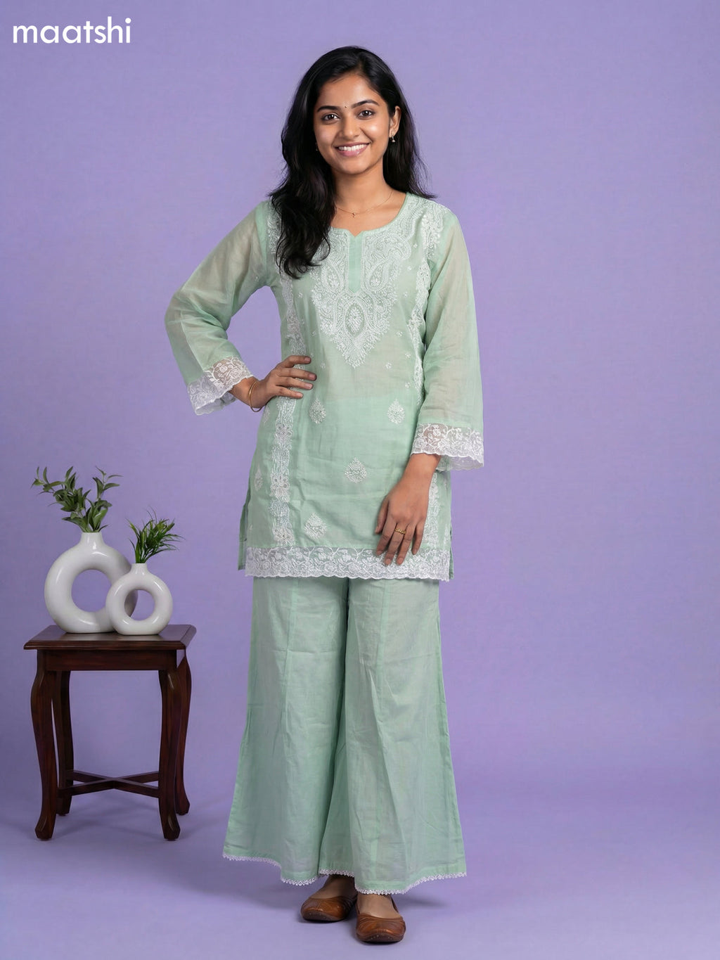 Pastel Green Cotton Embroidery Work Short Straight Suit
