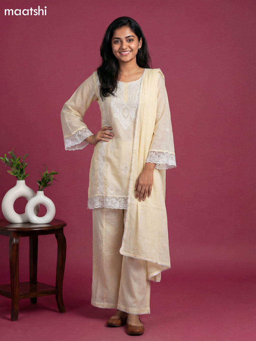 Pale Yellow Cotton Embroidery Work Short Straight Suit
