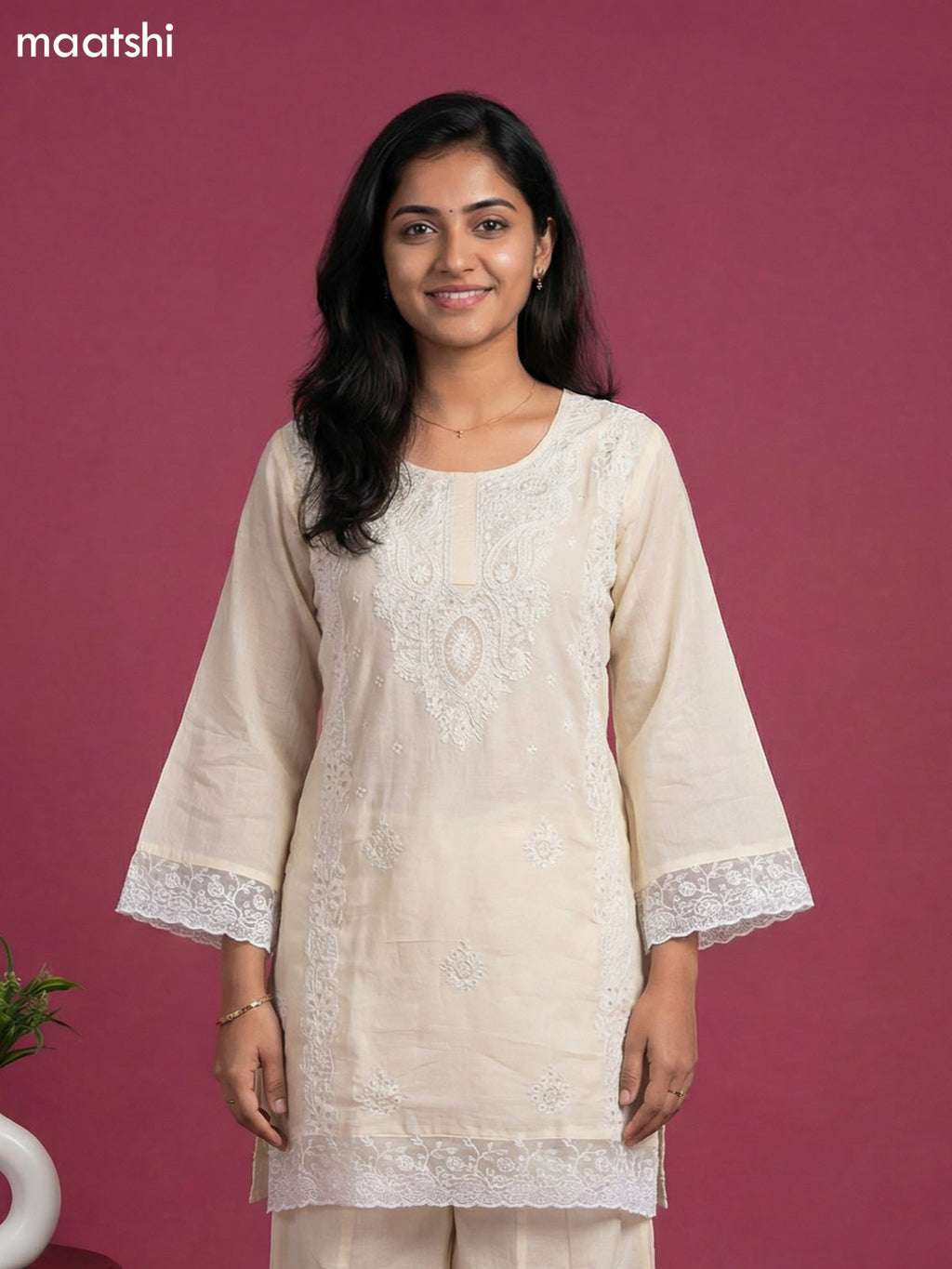 Pale Yellow Cotton Embroidery Work Short Straight Suit