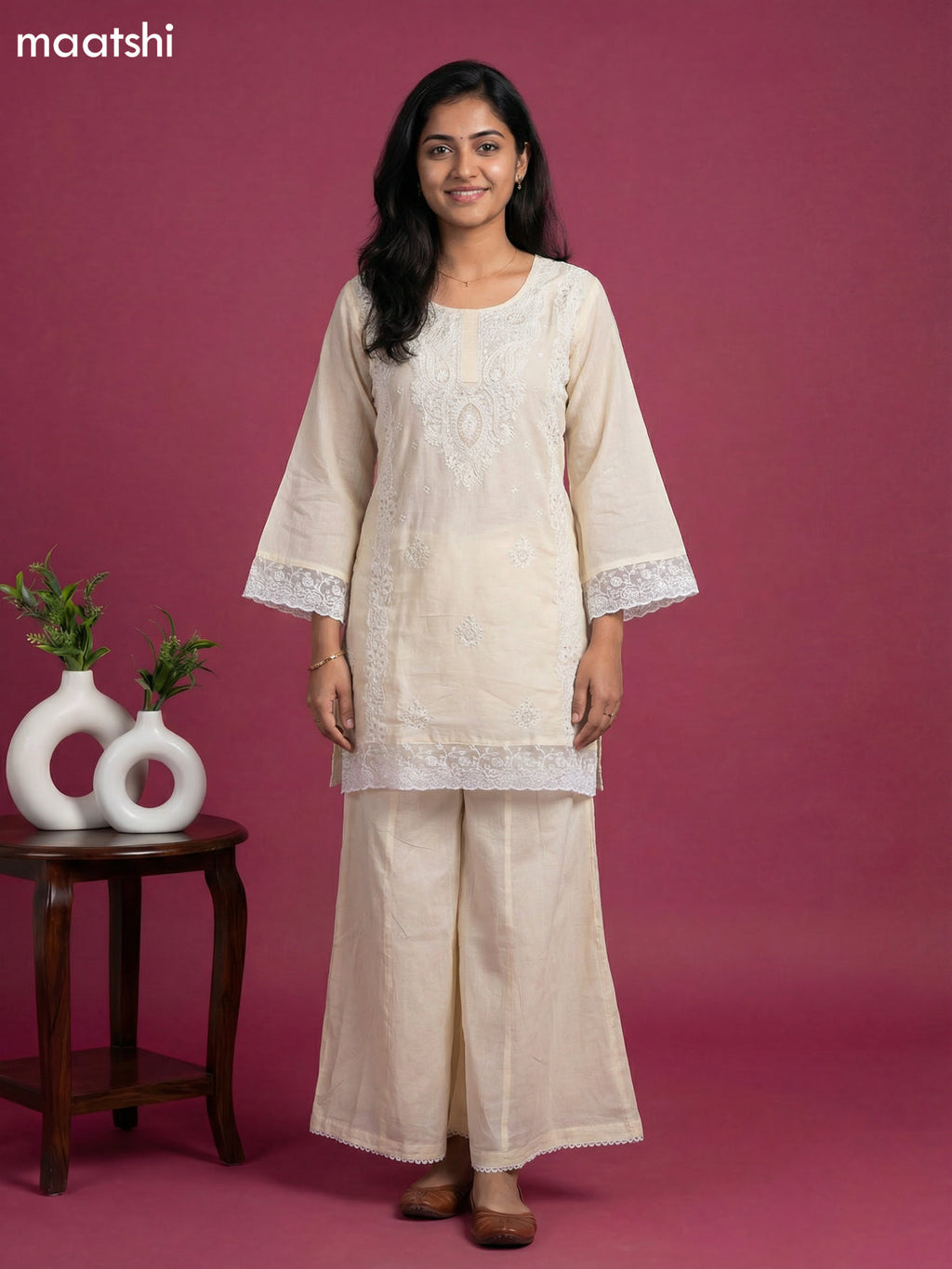 Pale Yellow Cotton Embroidery Work Short Straight Suit