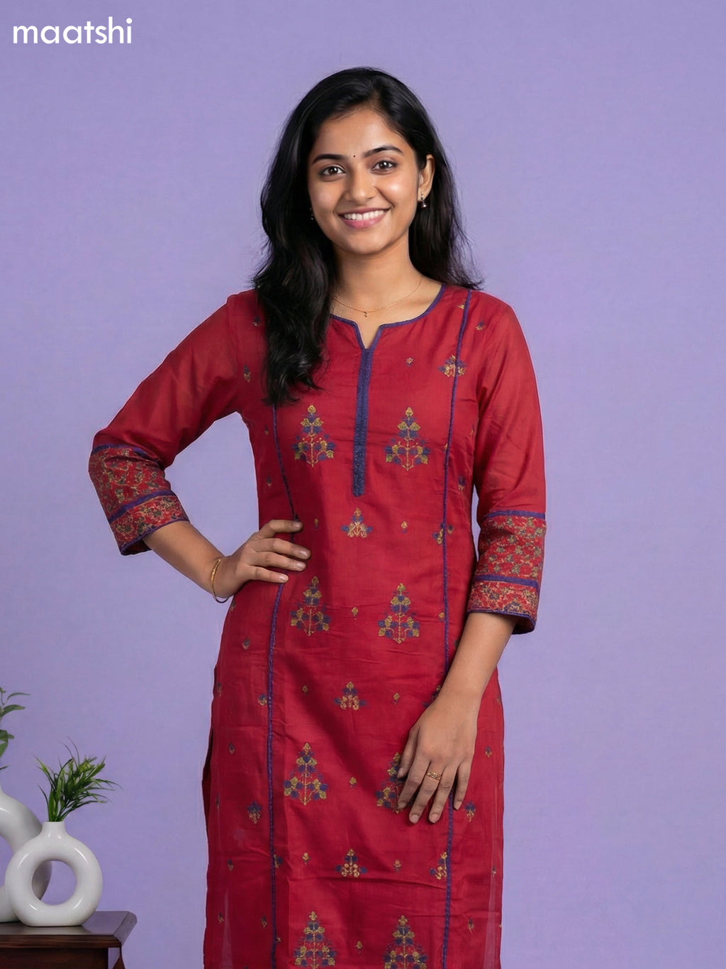 Maroon Cotton Simple Embroidery Work Straight Suit