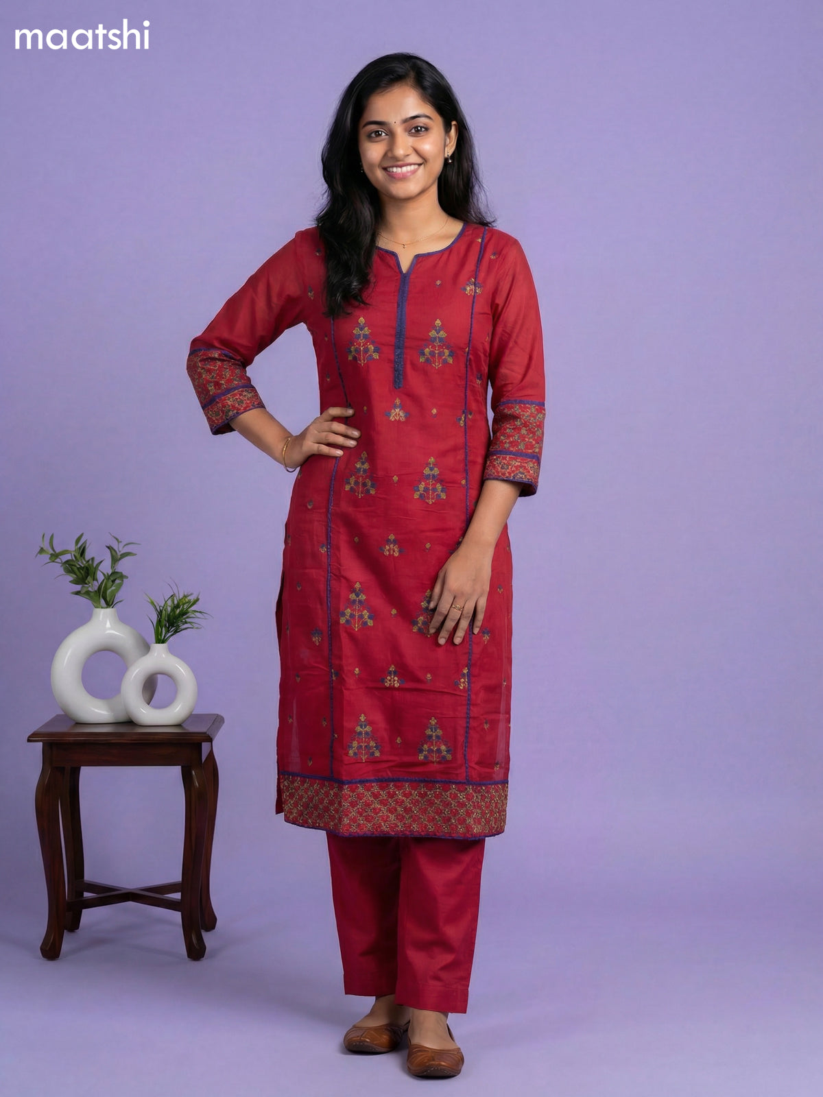 Maroon Cotton Simple Embroidery Work Straight Suit