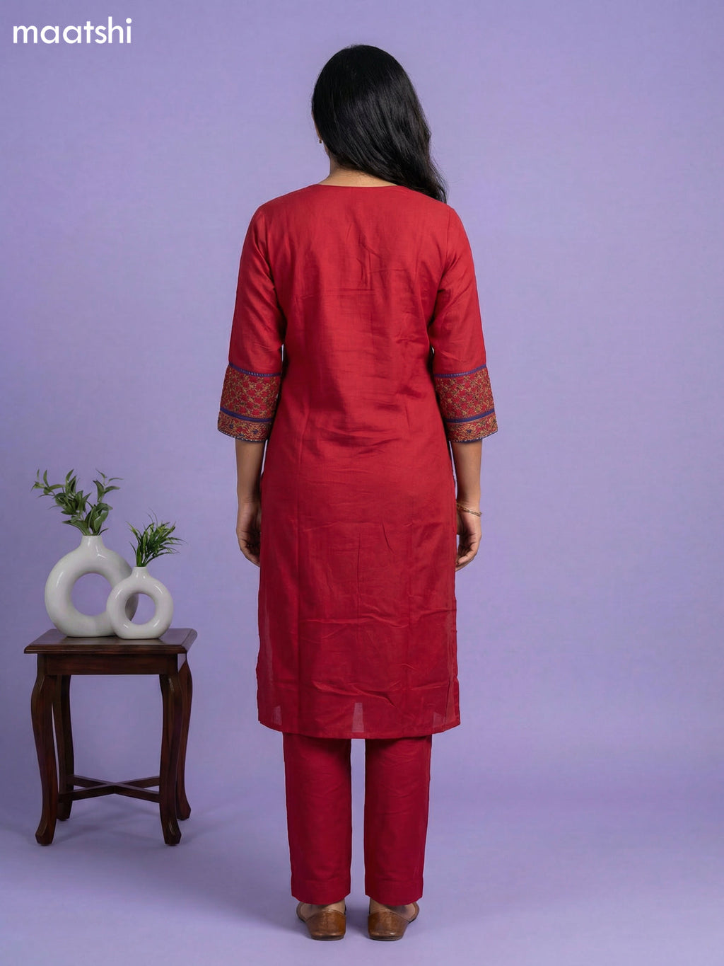 Maroon Cotton Simple Embroidery Work Straight Suit