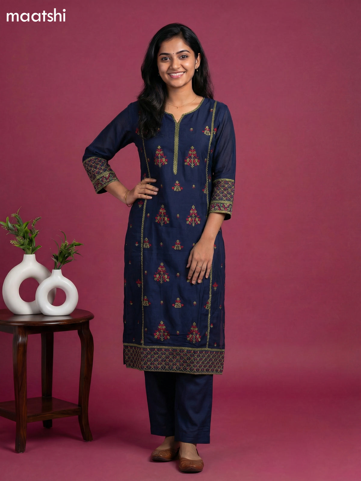 Peacock Green Cotton Simple Embroidery Work Straight Suit