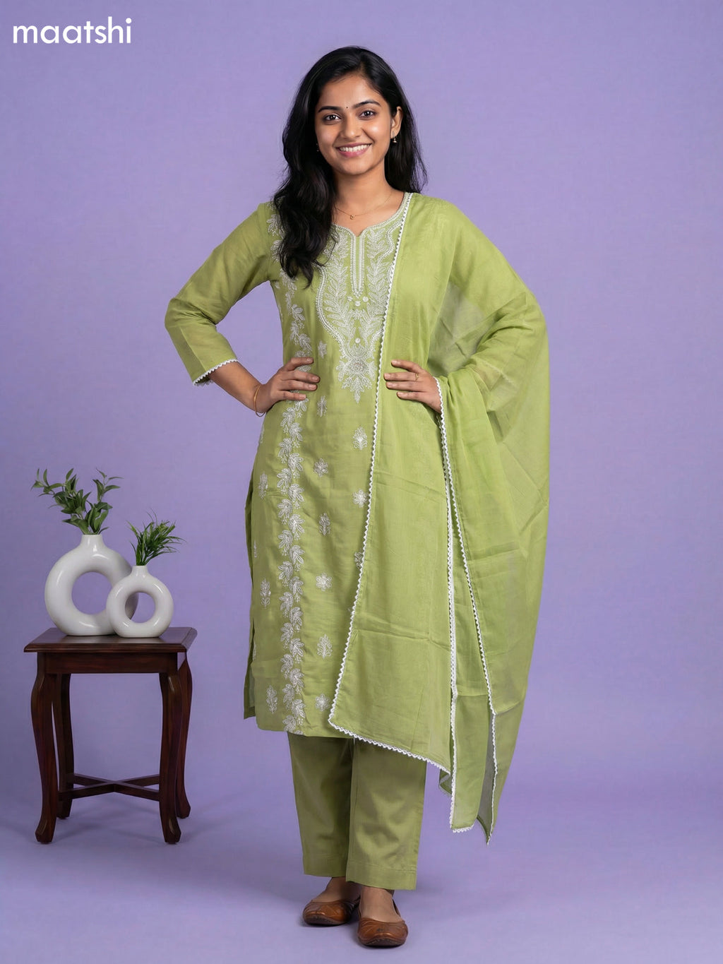 Light Green Cotton Embroidery Work Straight Suit