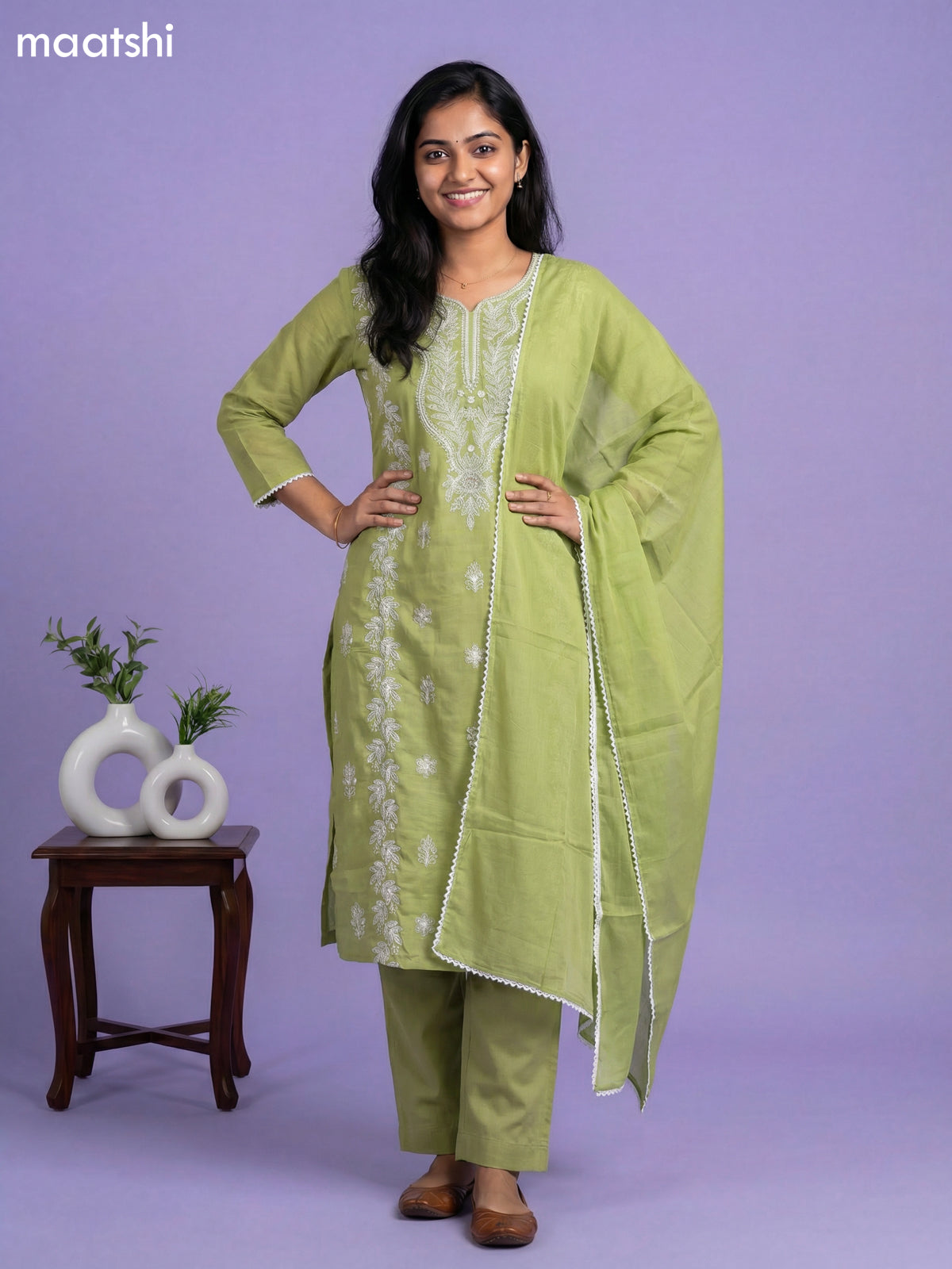 Light Green Cotton Embroidery Work Straight Suit