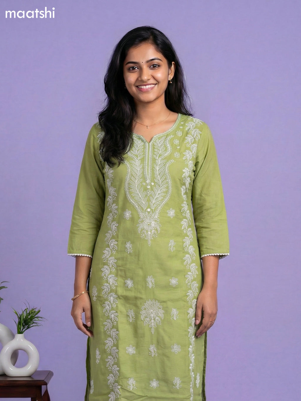 Light Green Cotton Embroidery Work Straight Suit