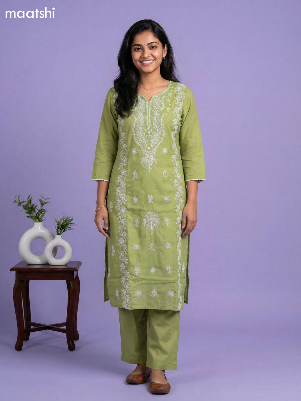 Light Green Cotton Embroidery Work Straight Suit