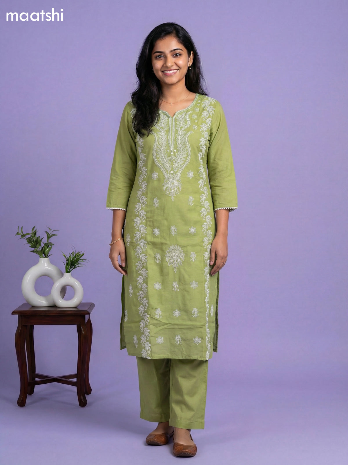 Light Green Cotton Embroidery Work Straight Suit