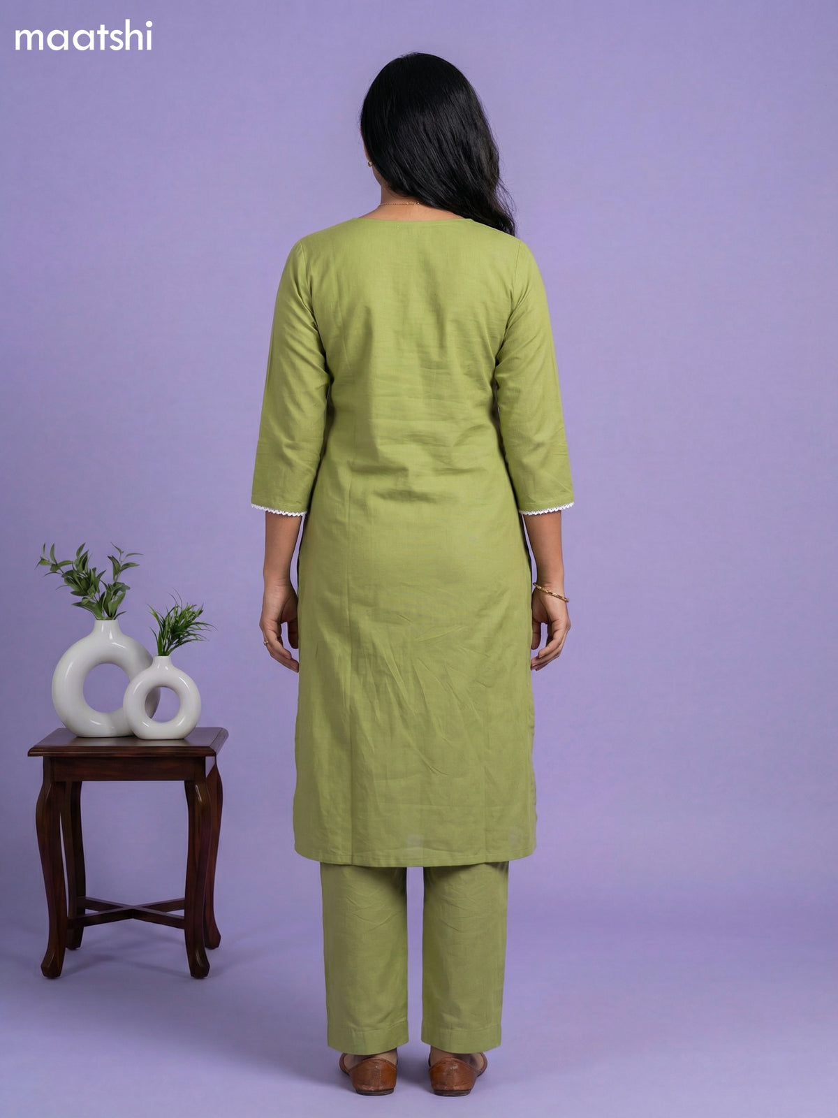 Light Green Cotton Embroidery Work Straight Suit
