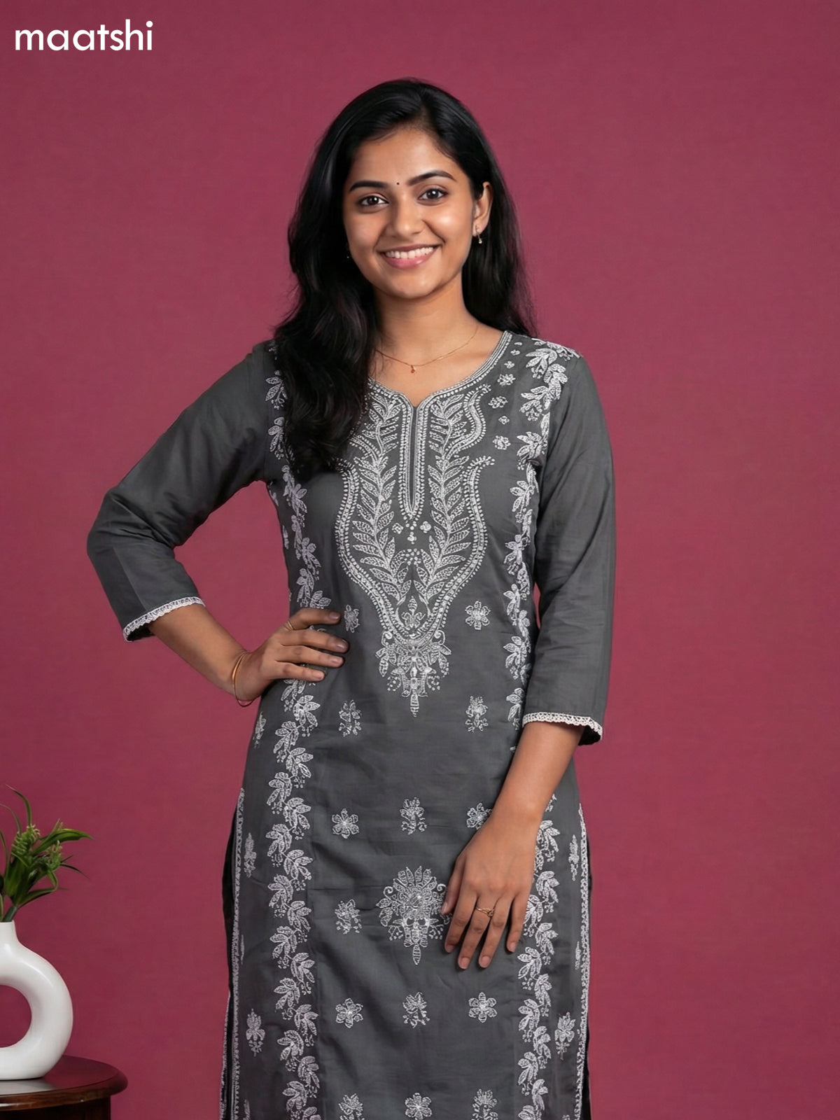 Grey Cotton Embroidery Work Straight Suit