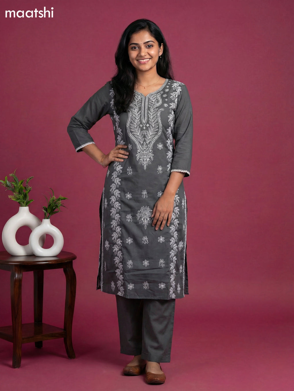 Grey Cotton Embroidery Work Straight Suit