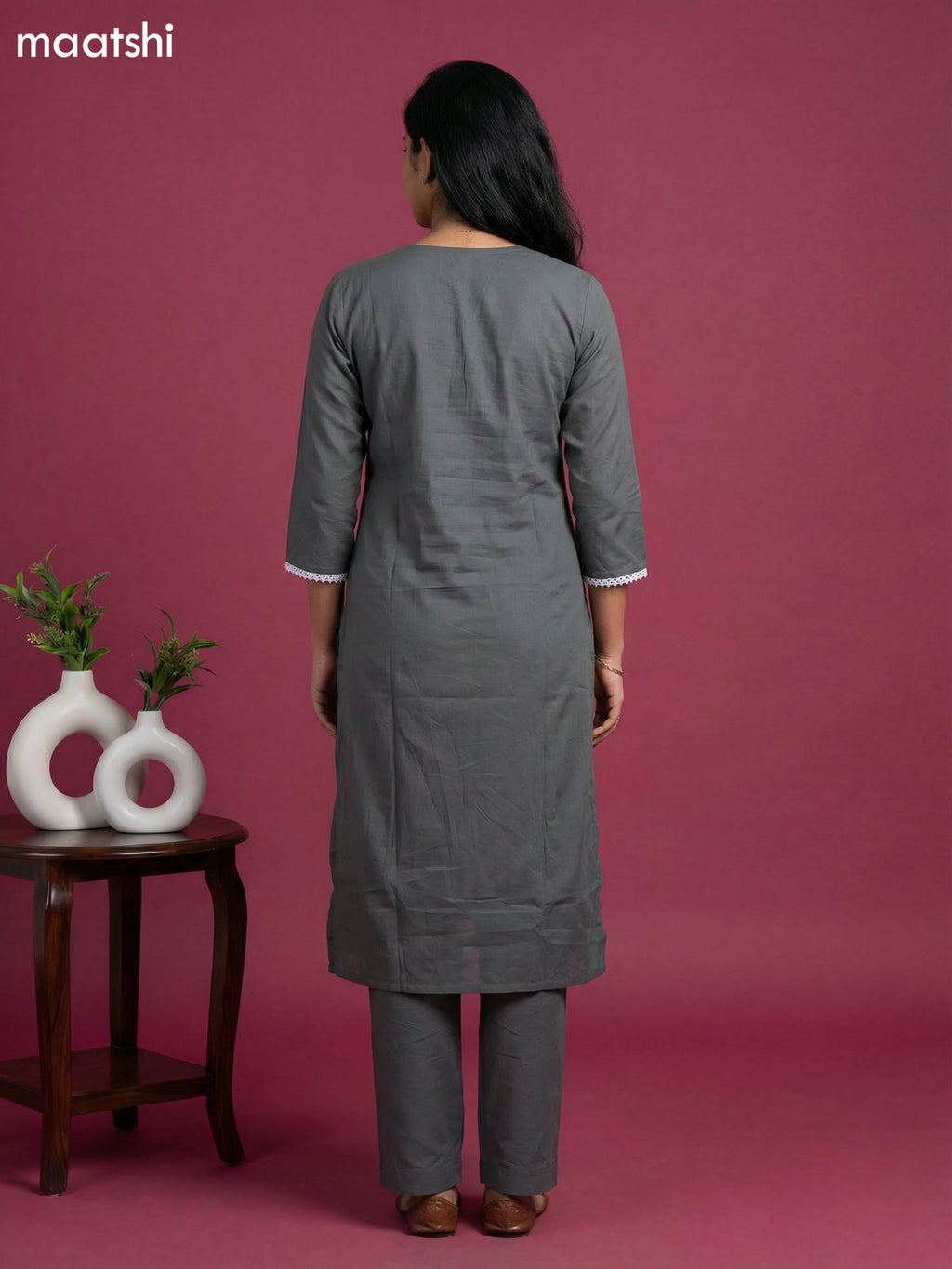 Grey Cotton Embroidery Work Straight Suit