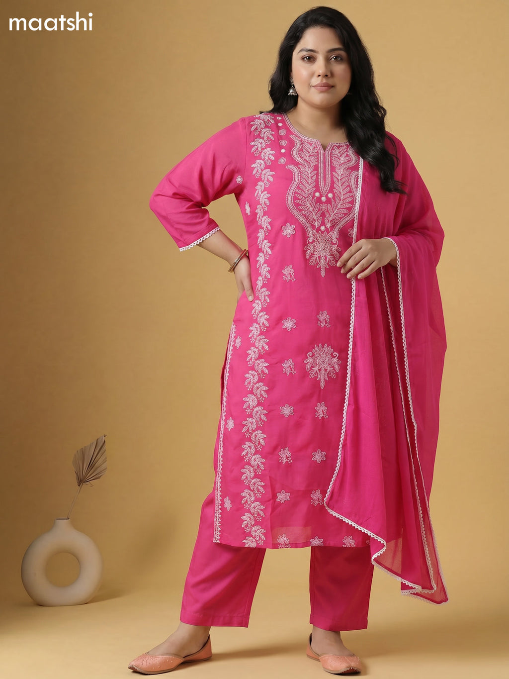Pink Cotton Chikankari Embroidery Work Straight Suit