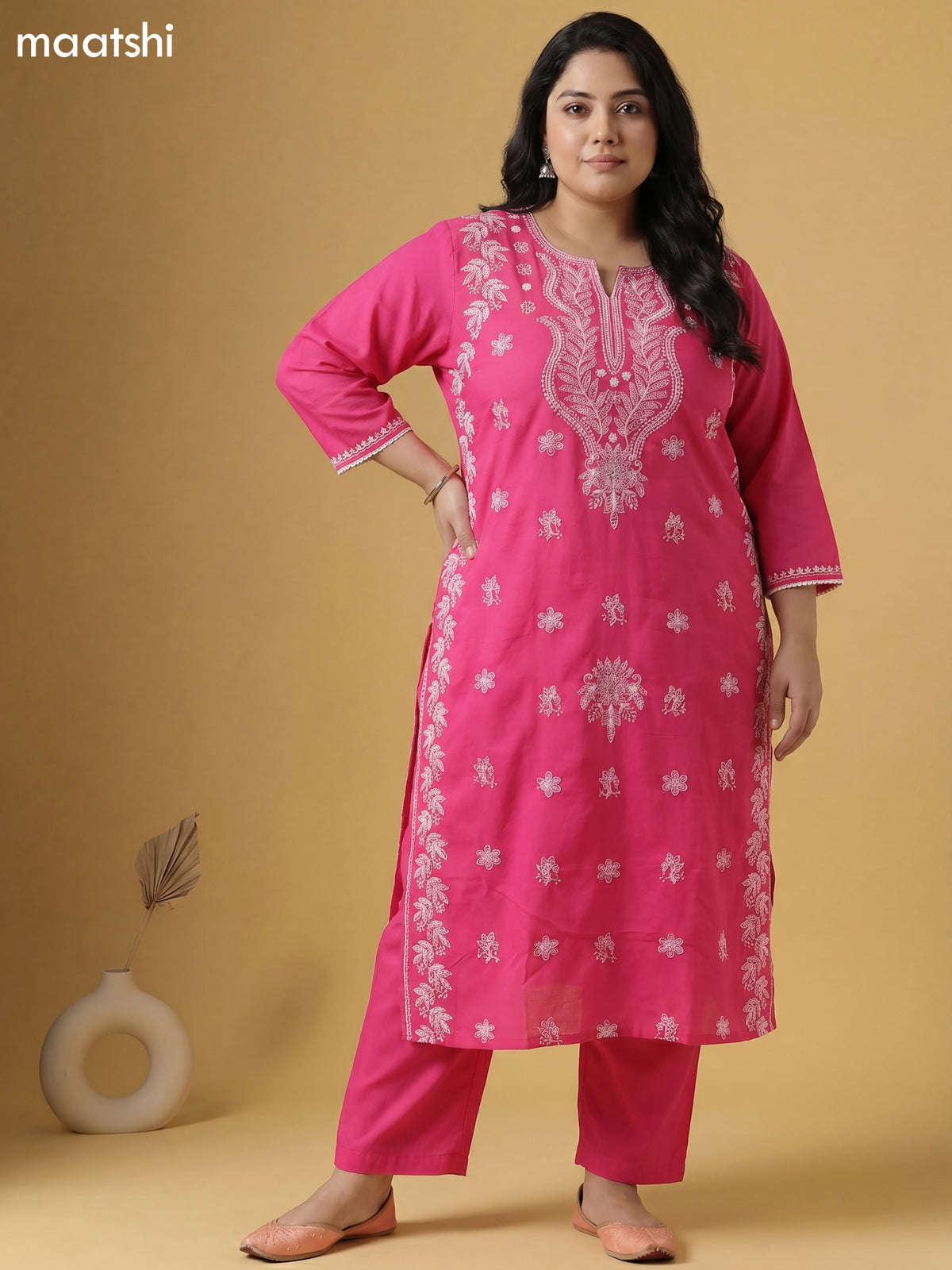 Pink Cotton Chikankari Embroidery Work Straight Suit