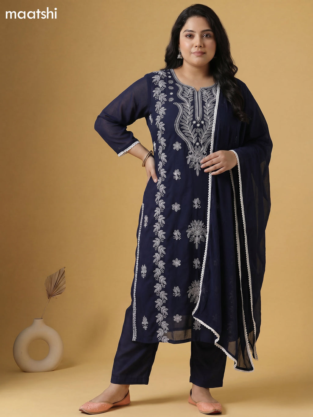 Dark Peacock Blue Cotton Chikankari Embroidery Work Straight Suit