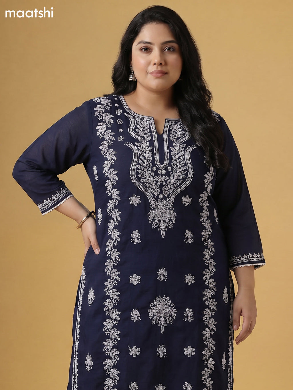 Dark Peacock Blue Cotton Chikankari Embroidery Work Straight Suit