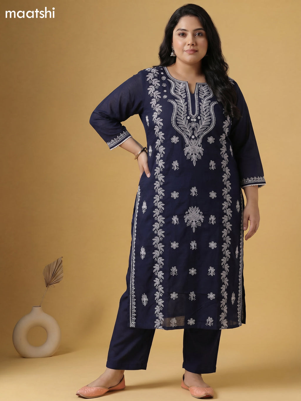 Dark Peacock Blue Cotton Chikankari Embroidery Work Straight Suit